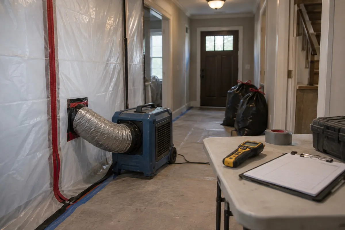 Illustration: plastic containment and a negative air machine set up for mold remediation, with a moisture meter on a work table