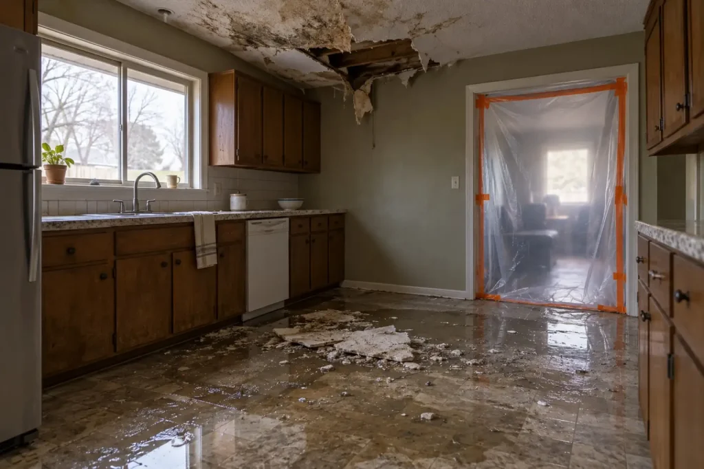 Illustration: water-damaged textured ceiling in an older kitchen, partly collapsed onto tile, with plastic sheeting sealing the doorway