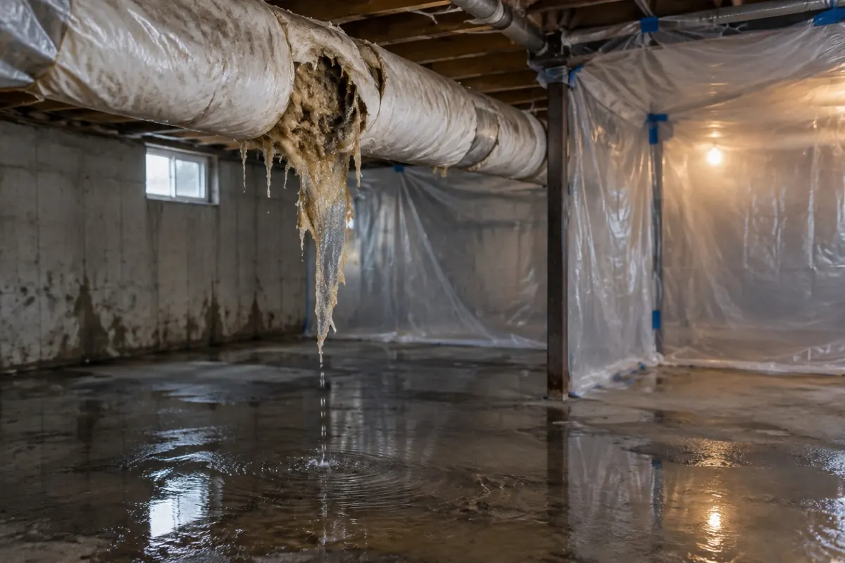 Illustration: torn insulation wrap on an old basement pipe above standing water, with the area sealed off by plastic sheeting