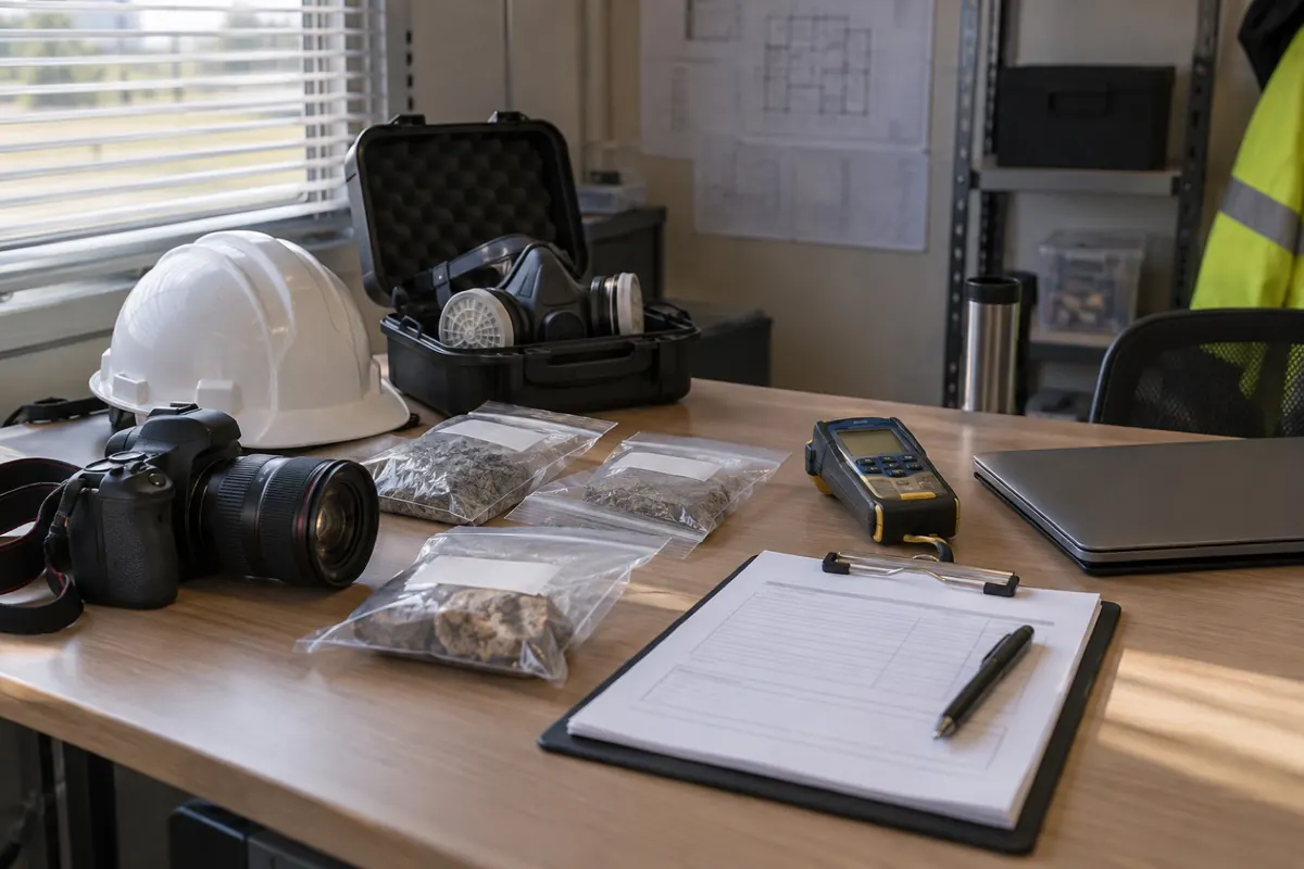 Illustration: claim documentation kit on a site-trailer desk, with sample bags, a camera, a moisture meter and a respirator case