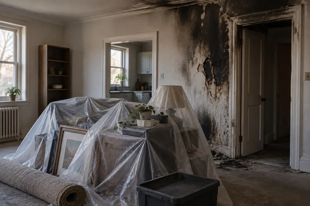 Illustration: a rented apartment after a contained fire, with soot above a doorway and belongings covered in the centre.