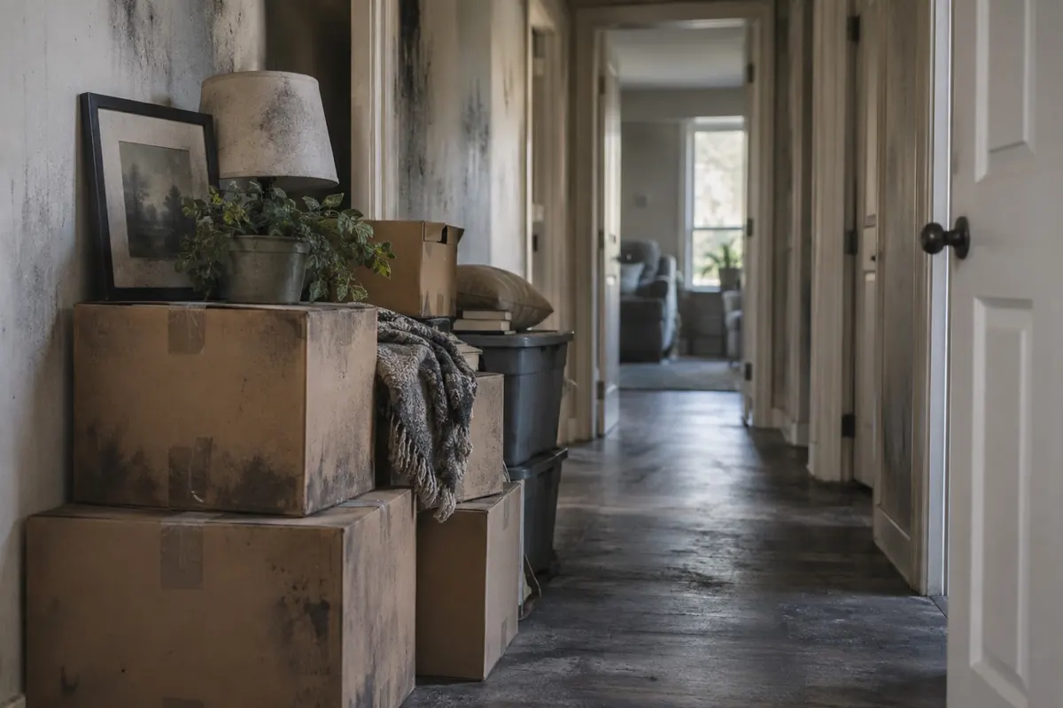 Illustration: belongings stacked in an apartment hallway with a light film of soot on the surfaces.
