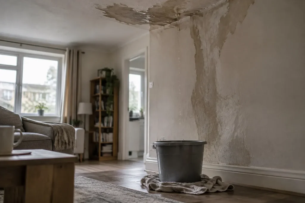 Illustration: an apartment ceiling stained and bulging from water escaping from above, with a bucket below.