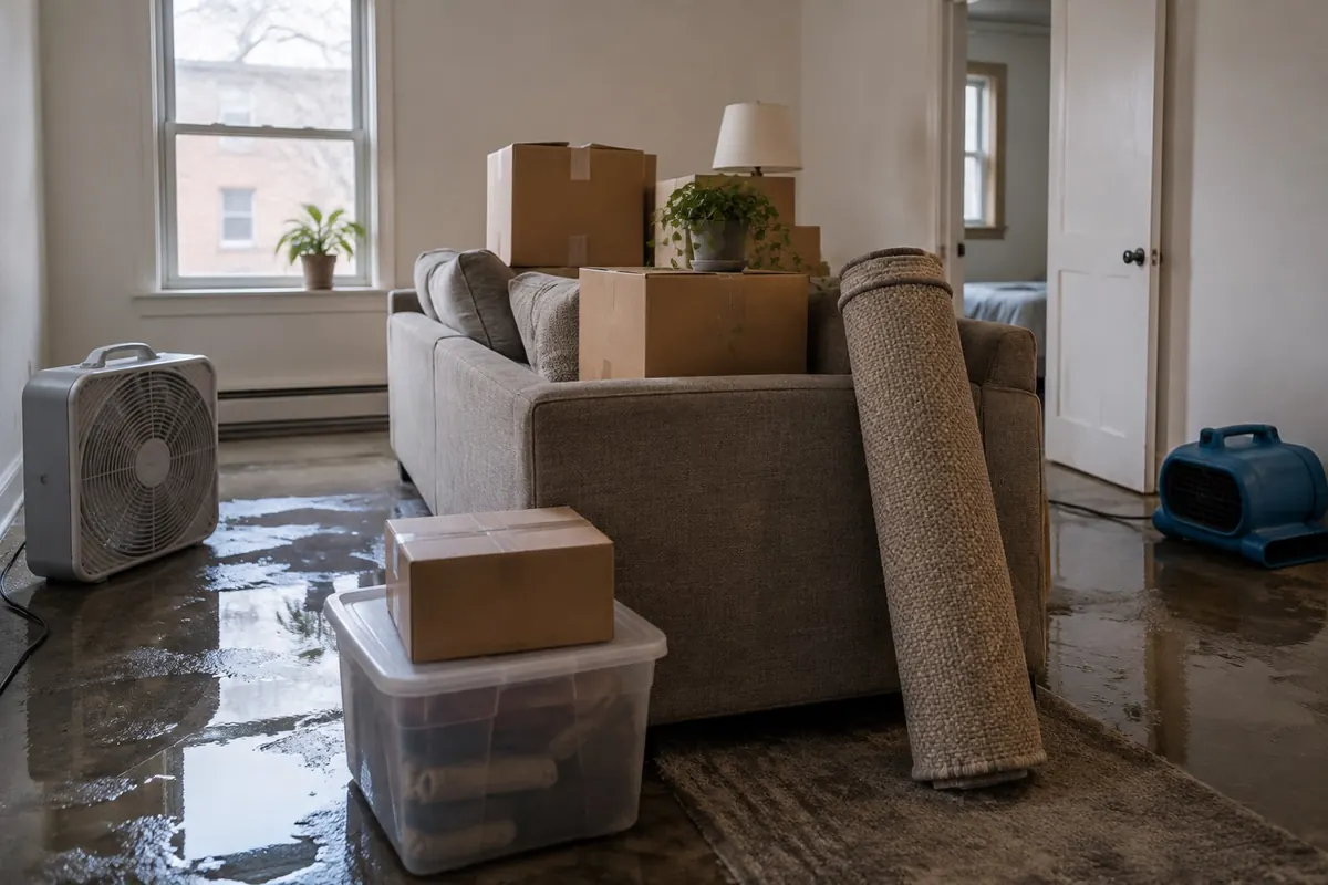 Illustration: belongings moved to the centre of a small apartment room with wet floor edges and a fan running.