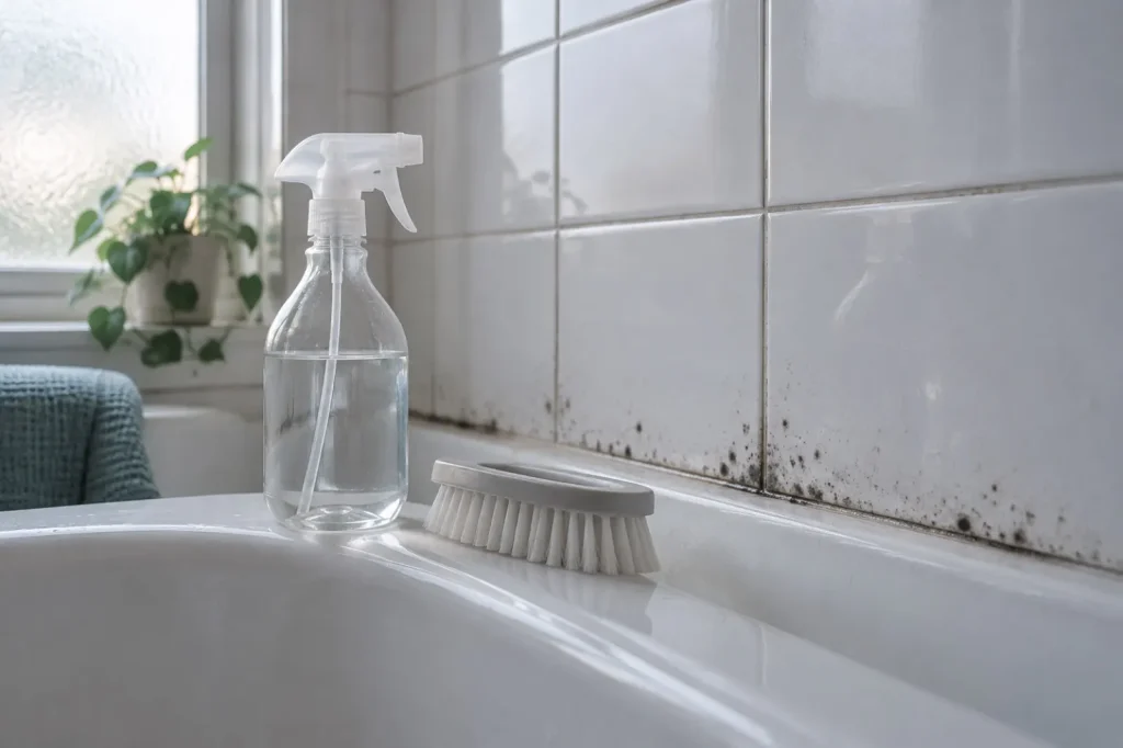Illustration: a spray bottle of vinegar and a scrub brush beside mold spots on bathroom tile grout.