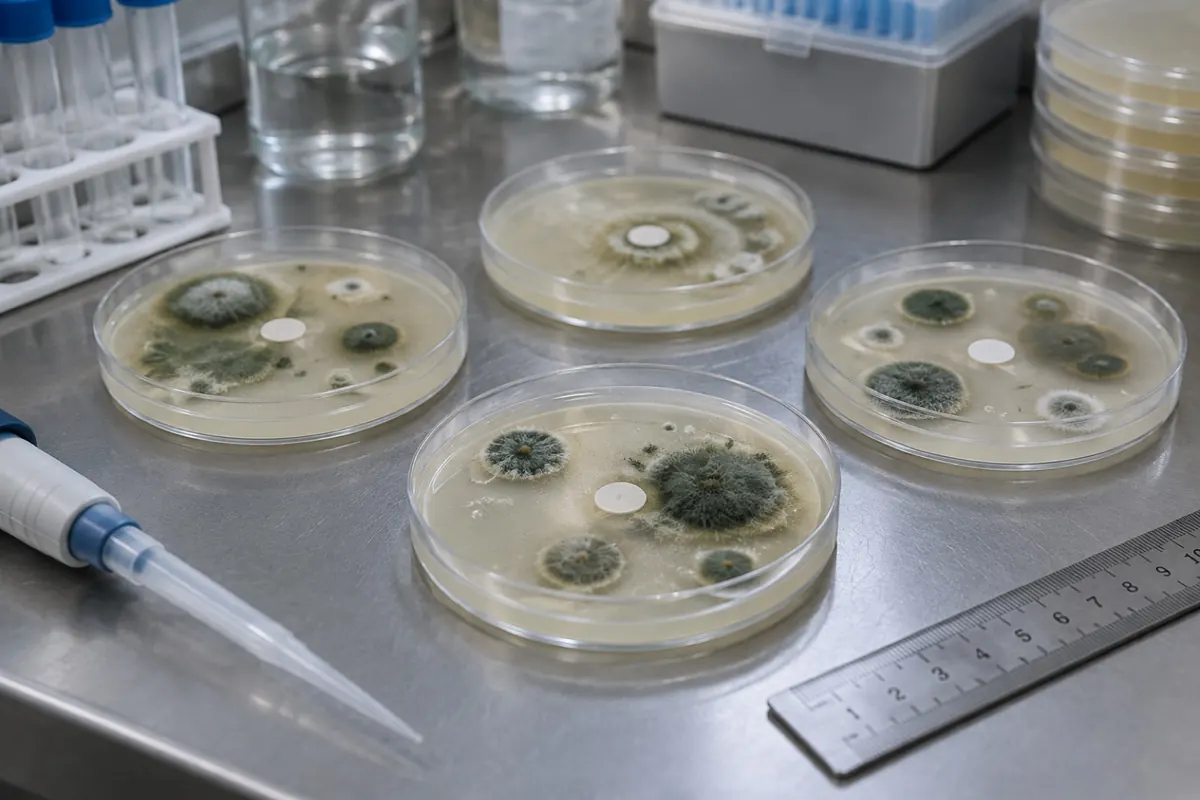 Illustration: petri dishes with paper discs and mold colonies, the kind of disc test used in antifungal studies.