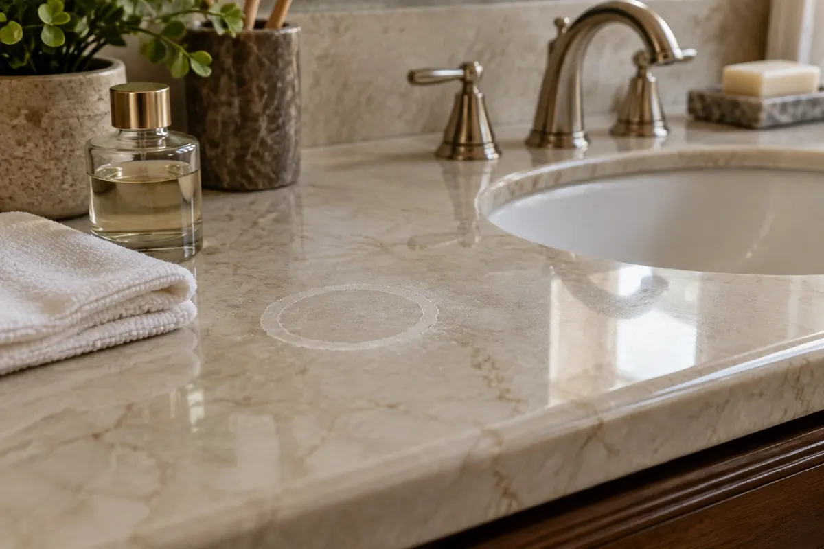 Illustration: a dull etched patch on a marble vanity top, the damage acid can do to calcite stone.