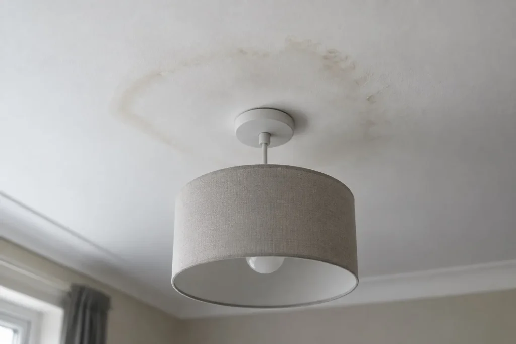 Illustration: a faint ring-shaped discolouration on a white ceiling near a light fitting.