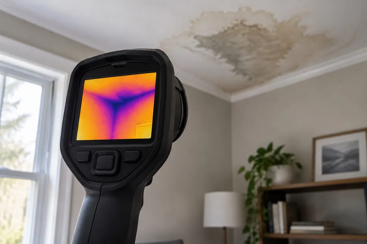 Illustration: a thermal imaging camera aimed at a ceiling during an inspection.