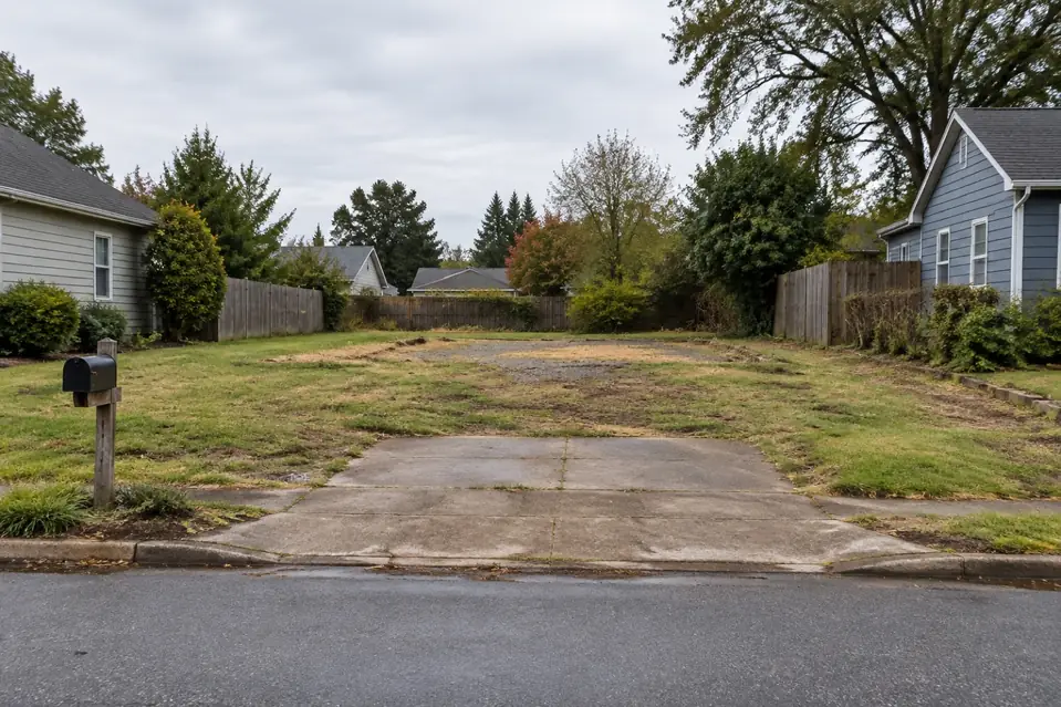 Illustration: a cleared lot where a flood-prone house was removed.