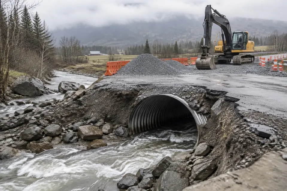 Illustration: a washed-out road and culvert under reconstruction.