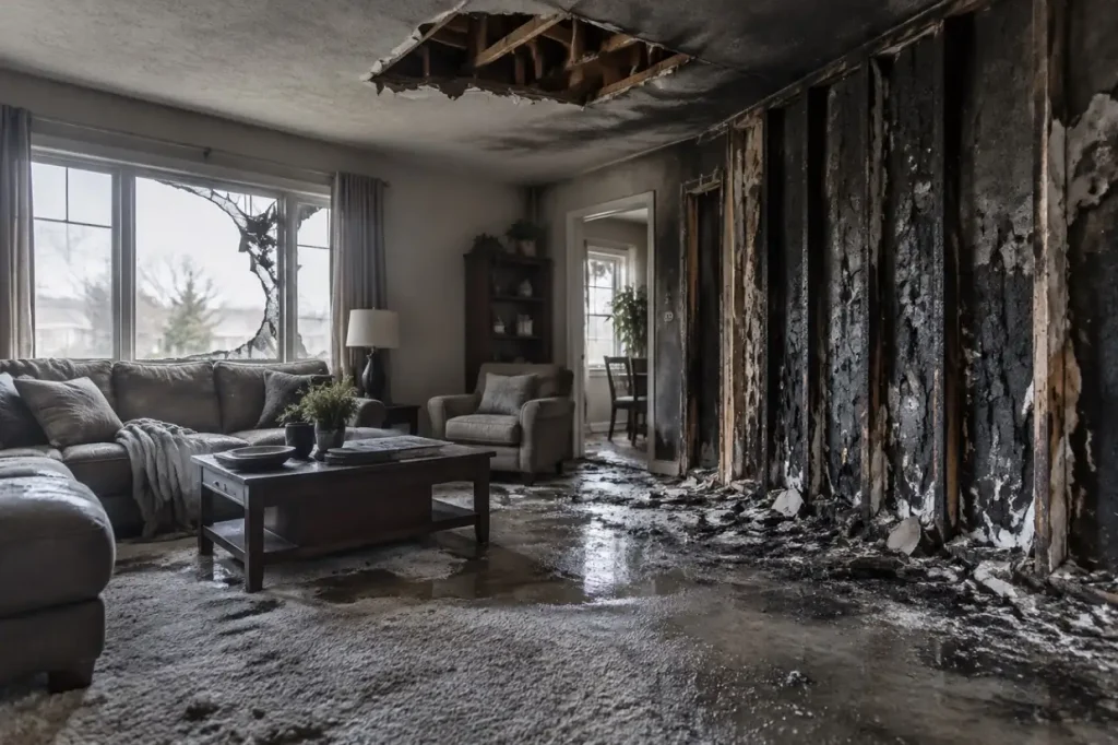 Illustration: a fire-damaged living room with charred studs, soot on the ceiling and water on the floor