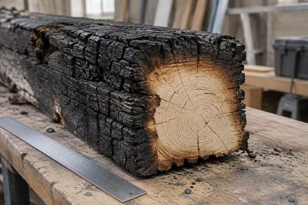 Illustration: a cross section of a charred beam showing char, a heated band and sound wood