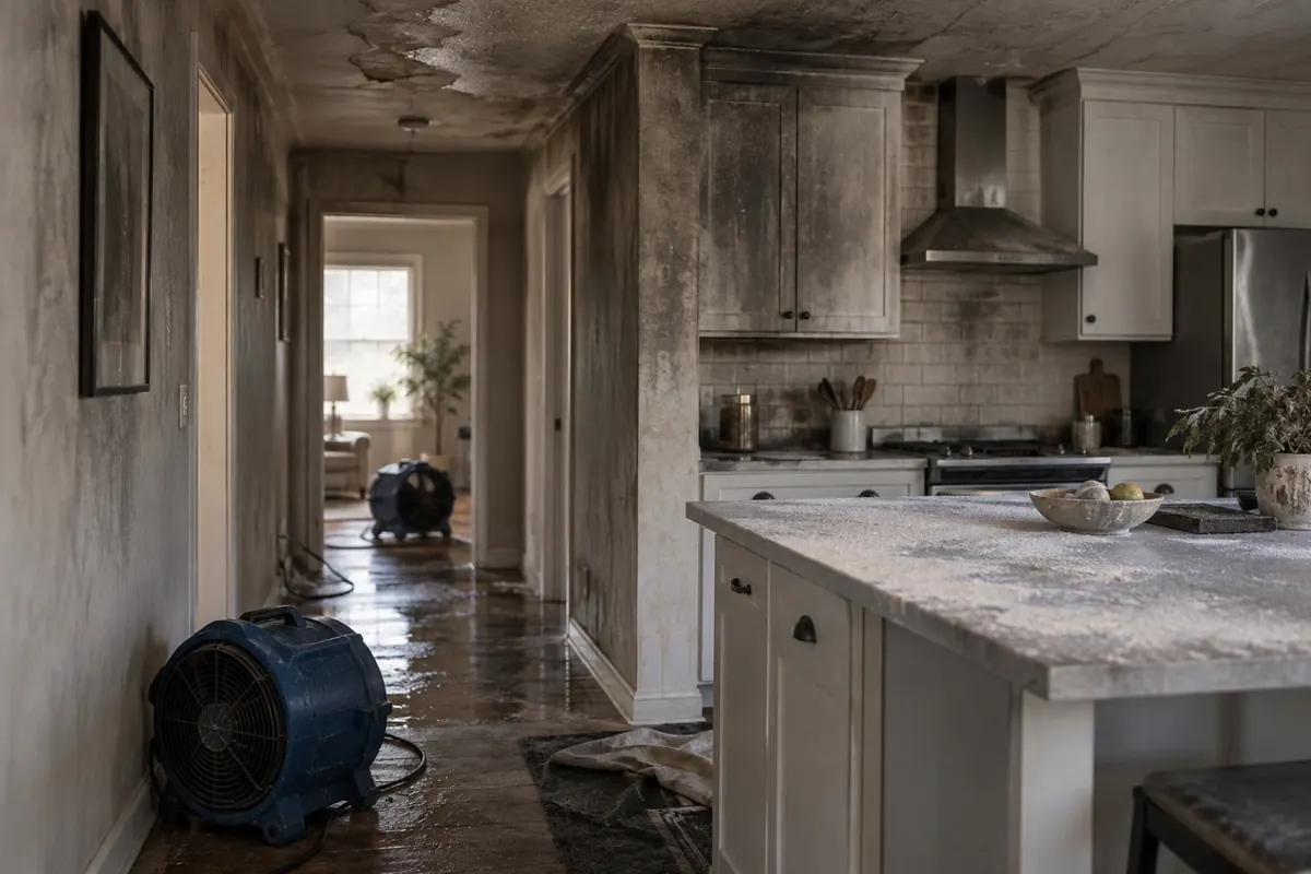 Illustration: a kitchen with soot film, water-stained ceiling and extinguisher powder on the counter