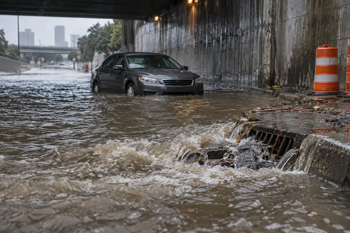 Illustration: a flooded urban underpass with fast moving water over the road
