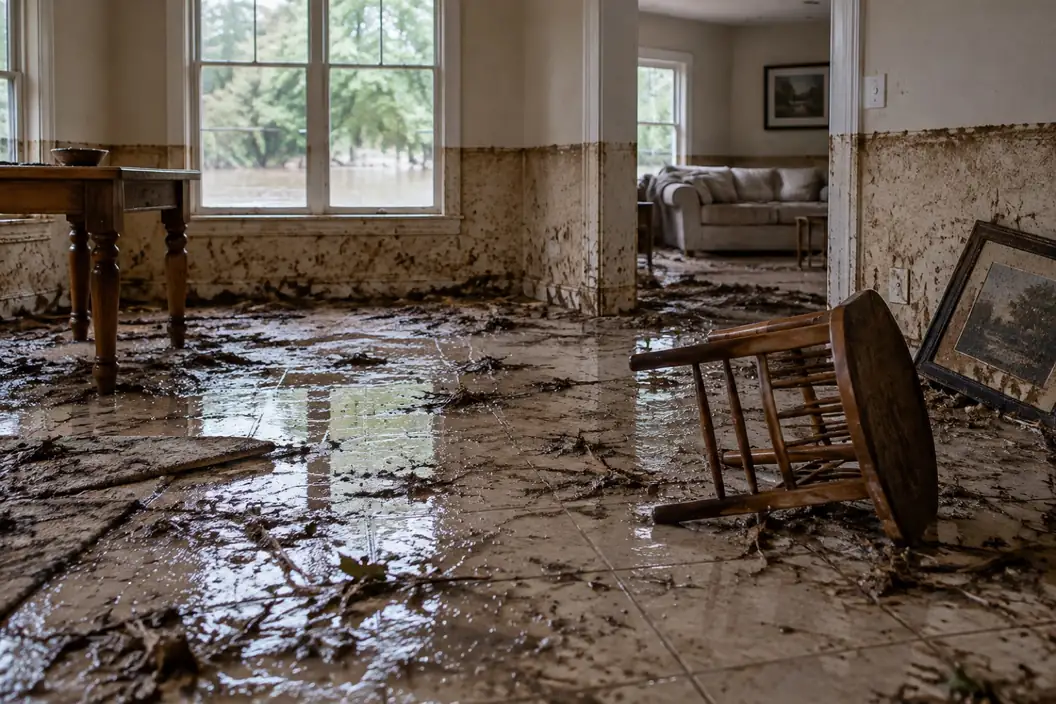 Illustration: silt and a knee height water line in a room after a flash flood, before cleanup begins