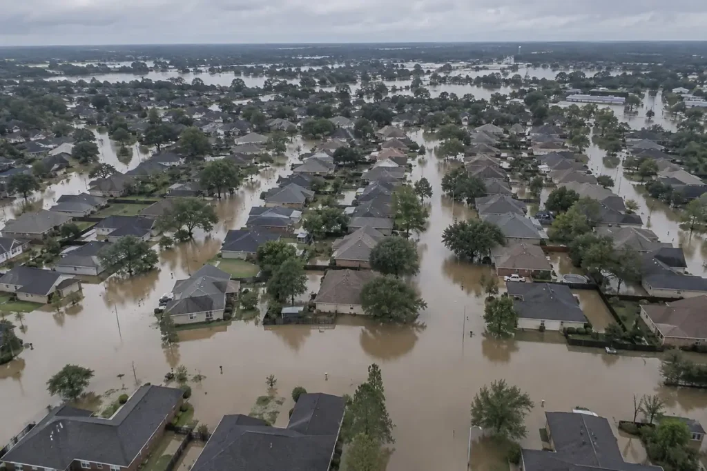 Illustration: an aerial view of a flooded residential subdivision with streets under shallow water.