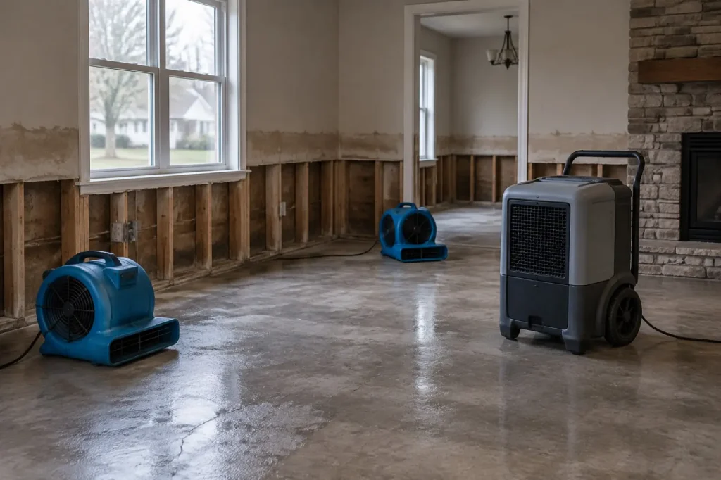 Illustration: a flooded living room with a flood cut above the mud line and drying equipment on the slab