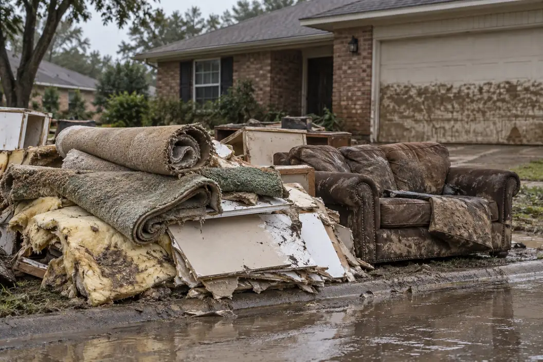 Illustration: debris from a flooded house stacked at the curb