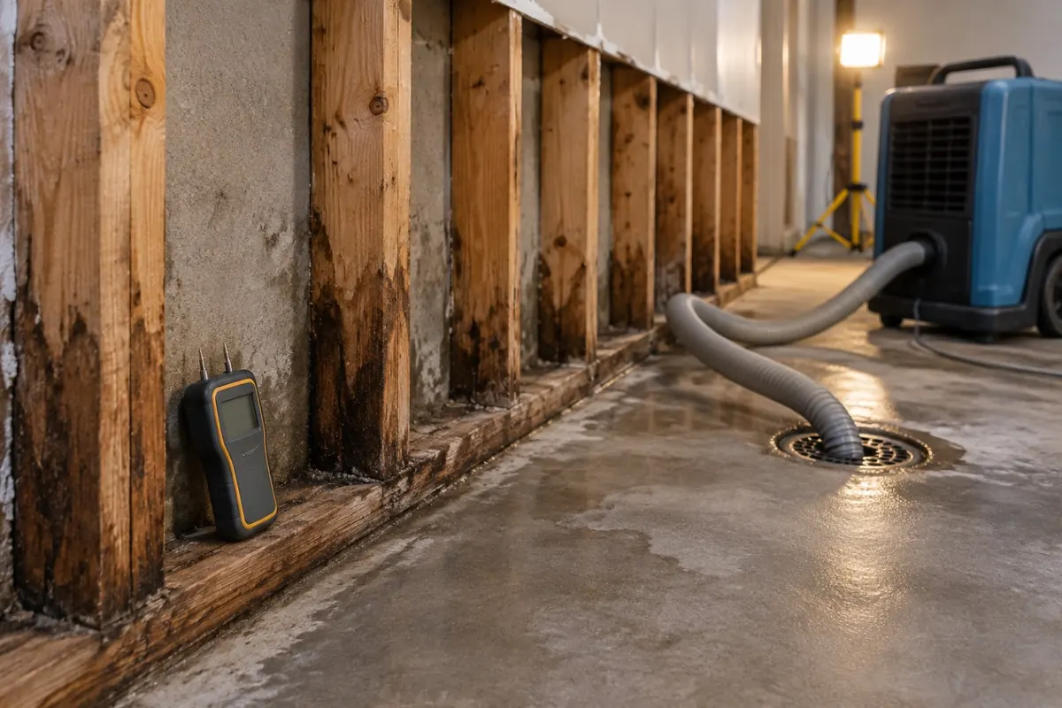 Illustration: open wall cavity after a flood cut with a moisture meter on a stud