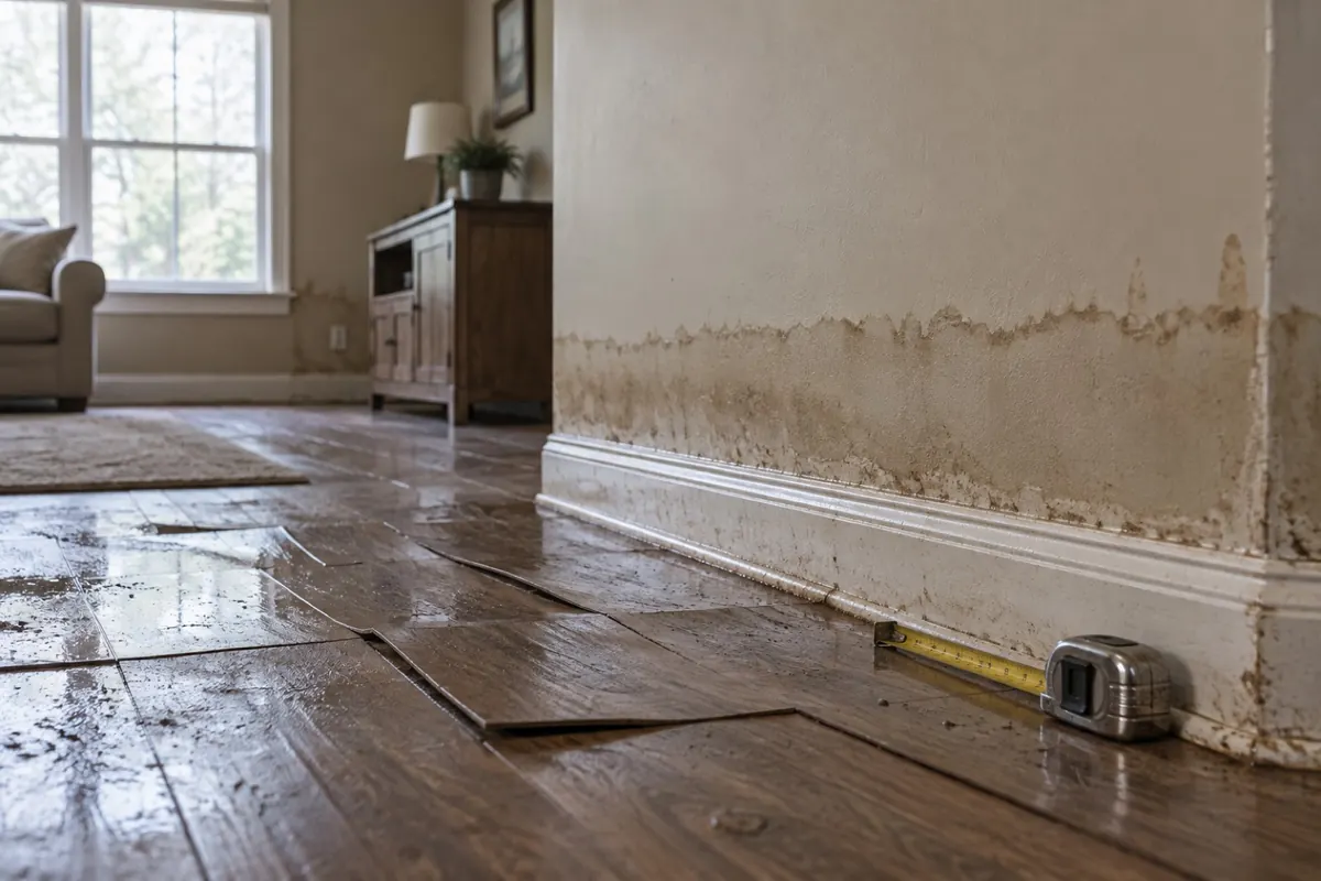 Illustration: a family room with a low flood tide line and swollen laminate flooring