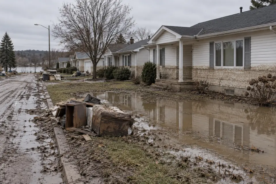 Illustration: a residential street after a flood with a mud line on the house siding