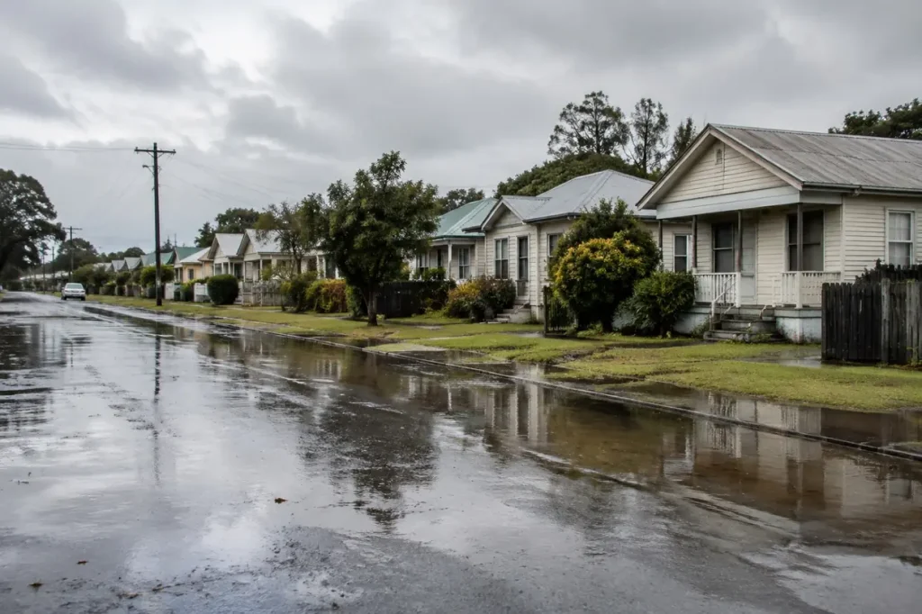 Illustration: a low-lying residential street with standing water at the kerb.