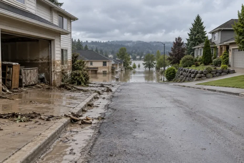 Illustration: a sloping suburban street where low-lying houses show flood damage and higher houses do not.