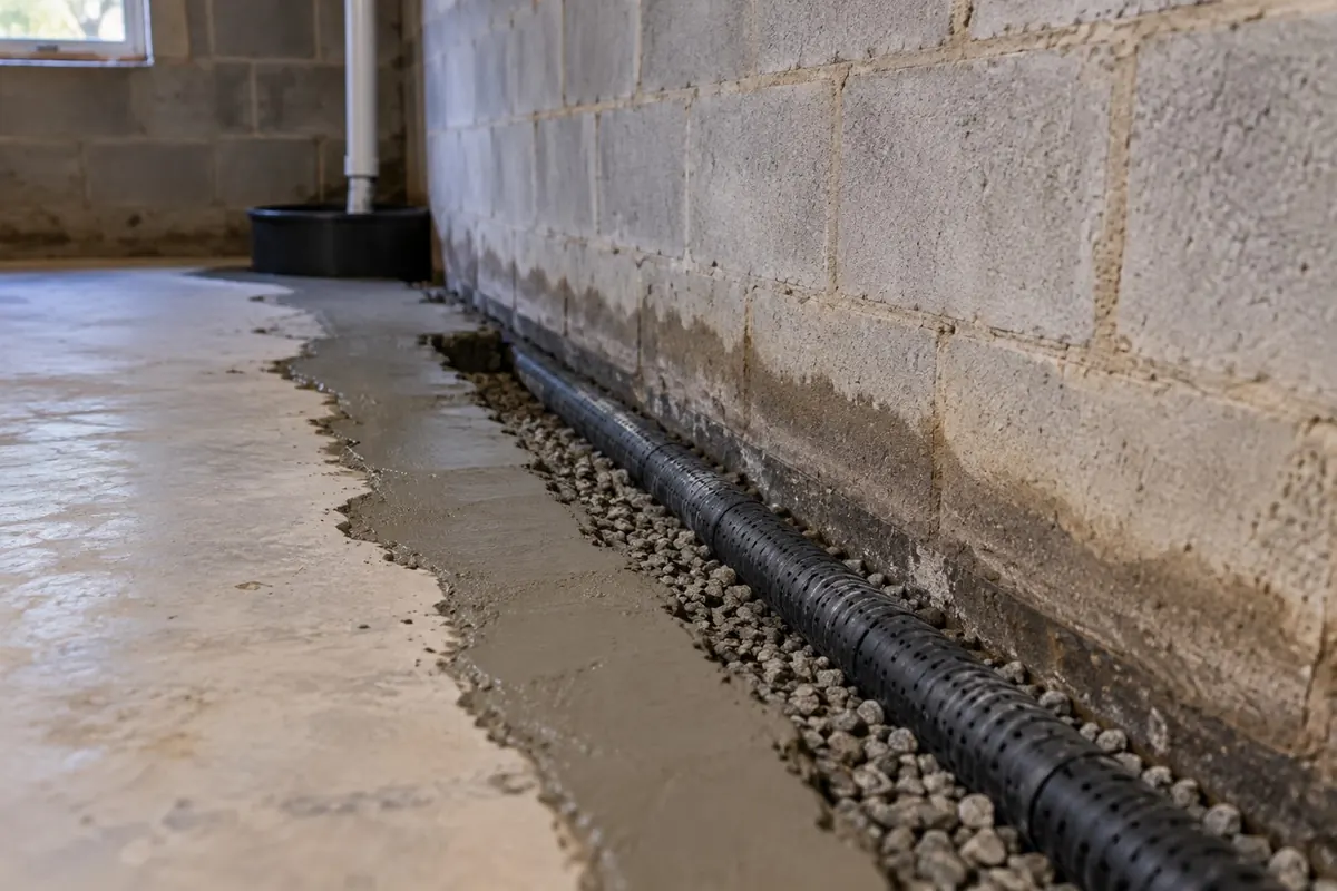 Illustration: an interior basement perimeter drain channel cut into the slab beside the footing.