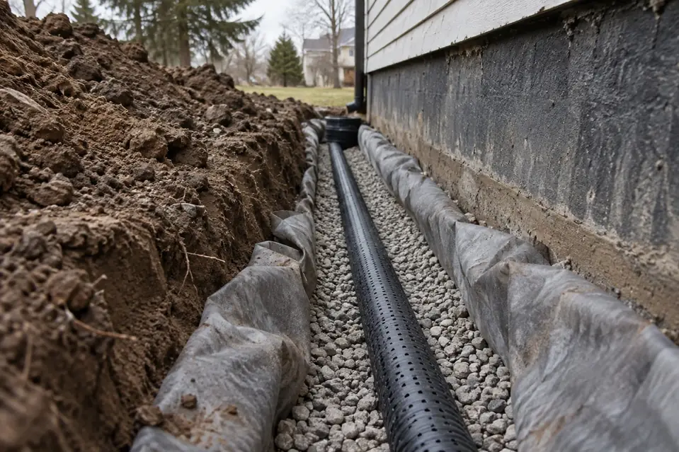 Illustration: an exterior foundation trench with perforated pipe bedded in gravel and filter fabric.