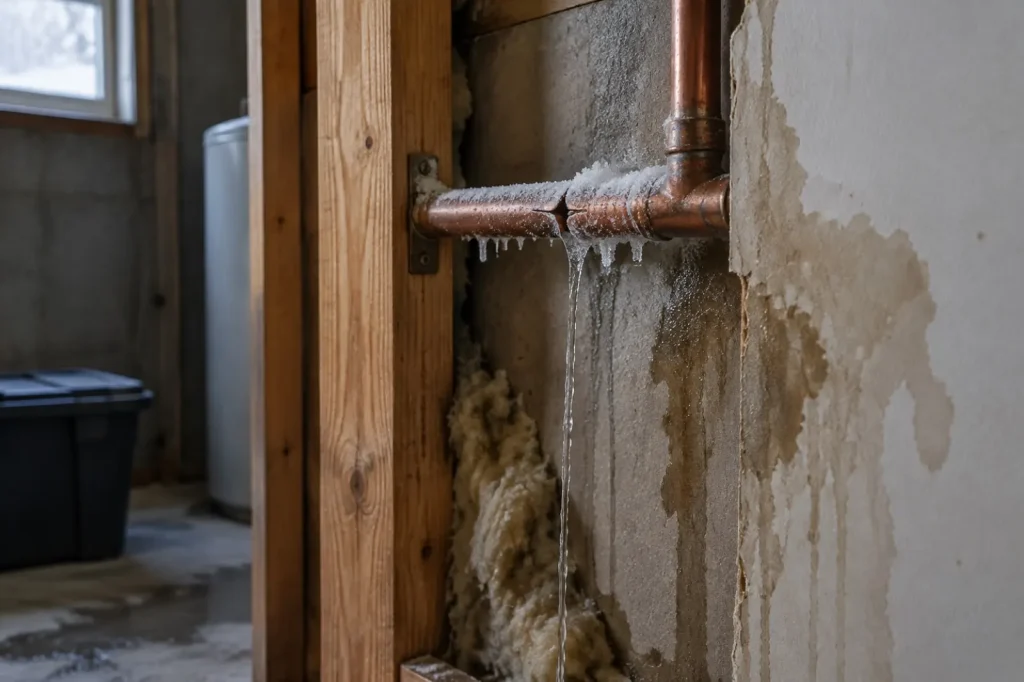 Illustration: a split copper pipe with ice and water staining below.