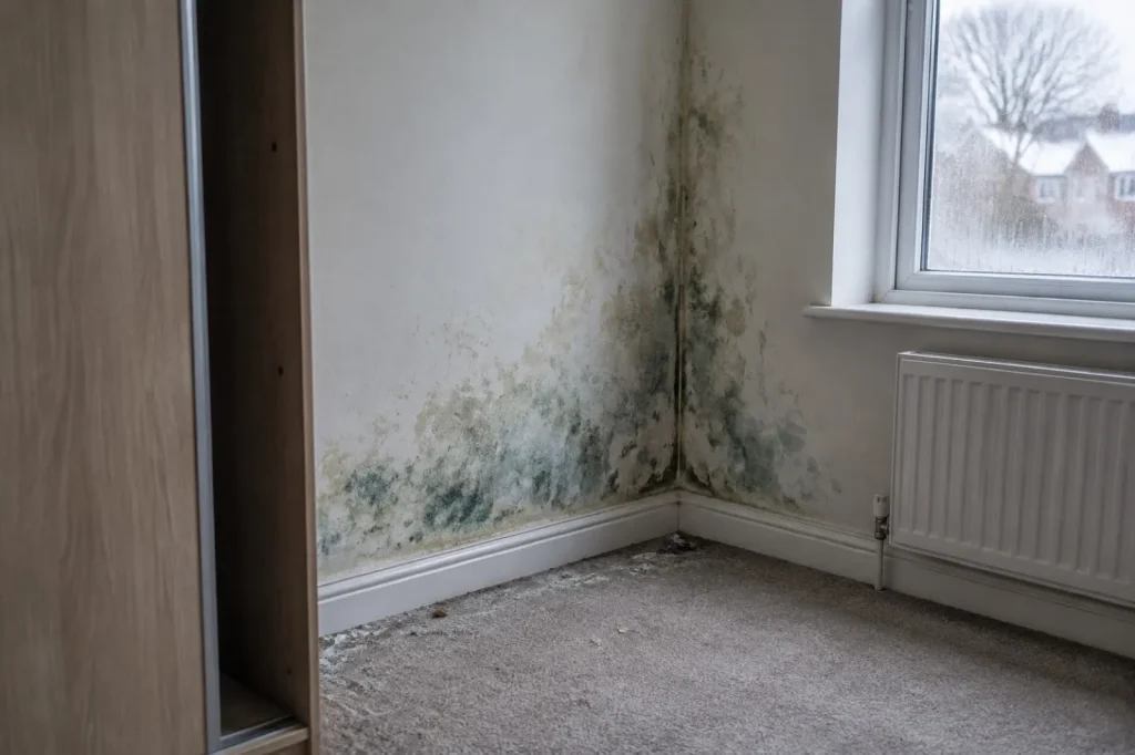 Illustration: speckled green growth on a cold bedroom wall behind furniture, not a reference image for identifying mold