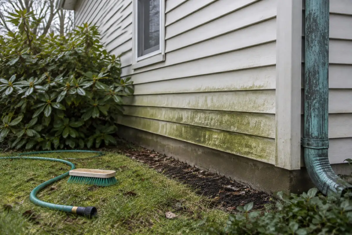 Illustration: green film on shaded siding next to a weathered copper downspout, two look-alikes that are not indoor mold
