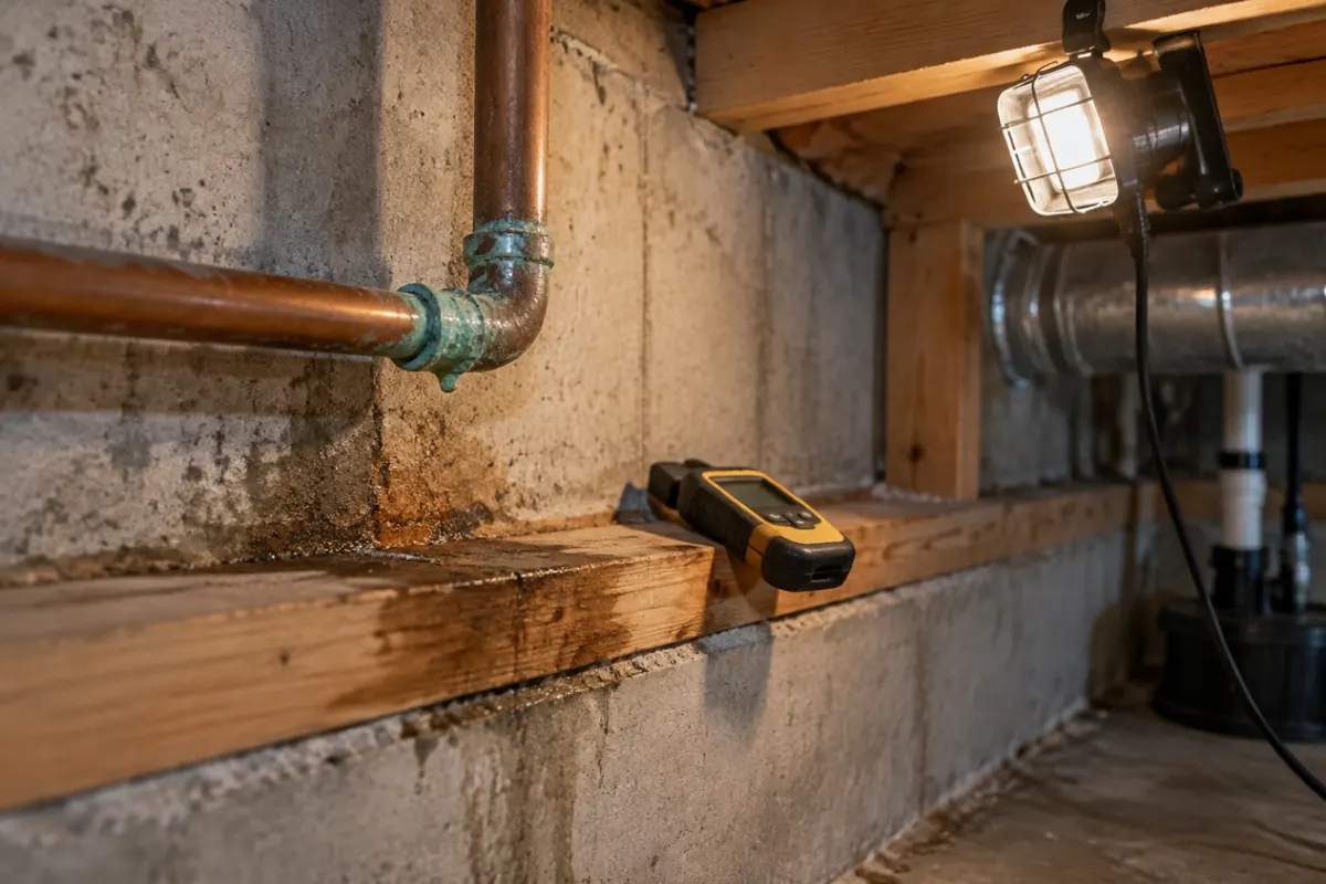 Illustration: blue-green corrosion at a copper fitting above a damp sill plate, the leak sign that matters more than the colour
