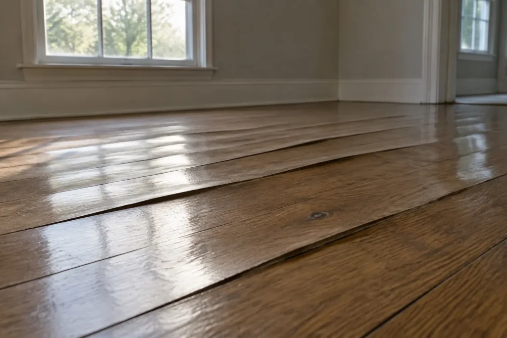 Illustration: a hardwood floor showing cupping, with board edges raised higher than the centres.