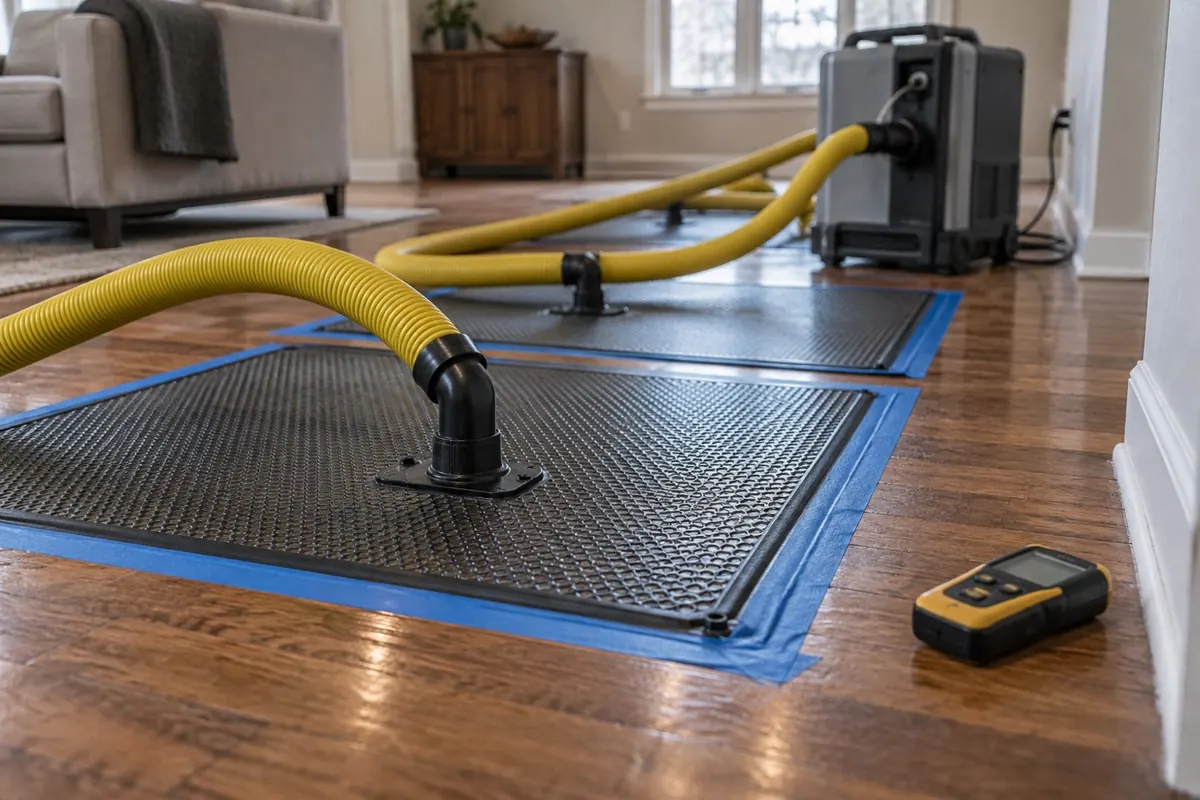 Illustration: a floor drying mat taped to a hardwood floor with hoses to a drying unit and a moisture meter alongside.