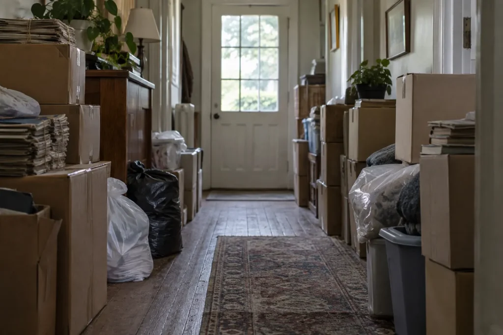 Illustration: a hallway narrowed by stacked boxes and papers with a cleared path to the door, standing in for a hoarded home before cleanup