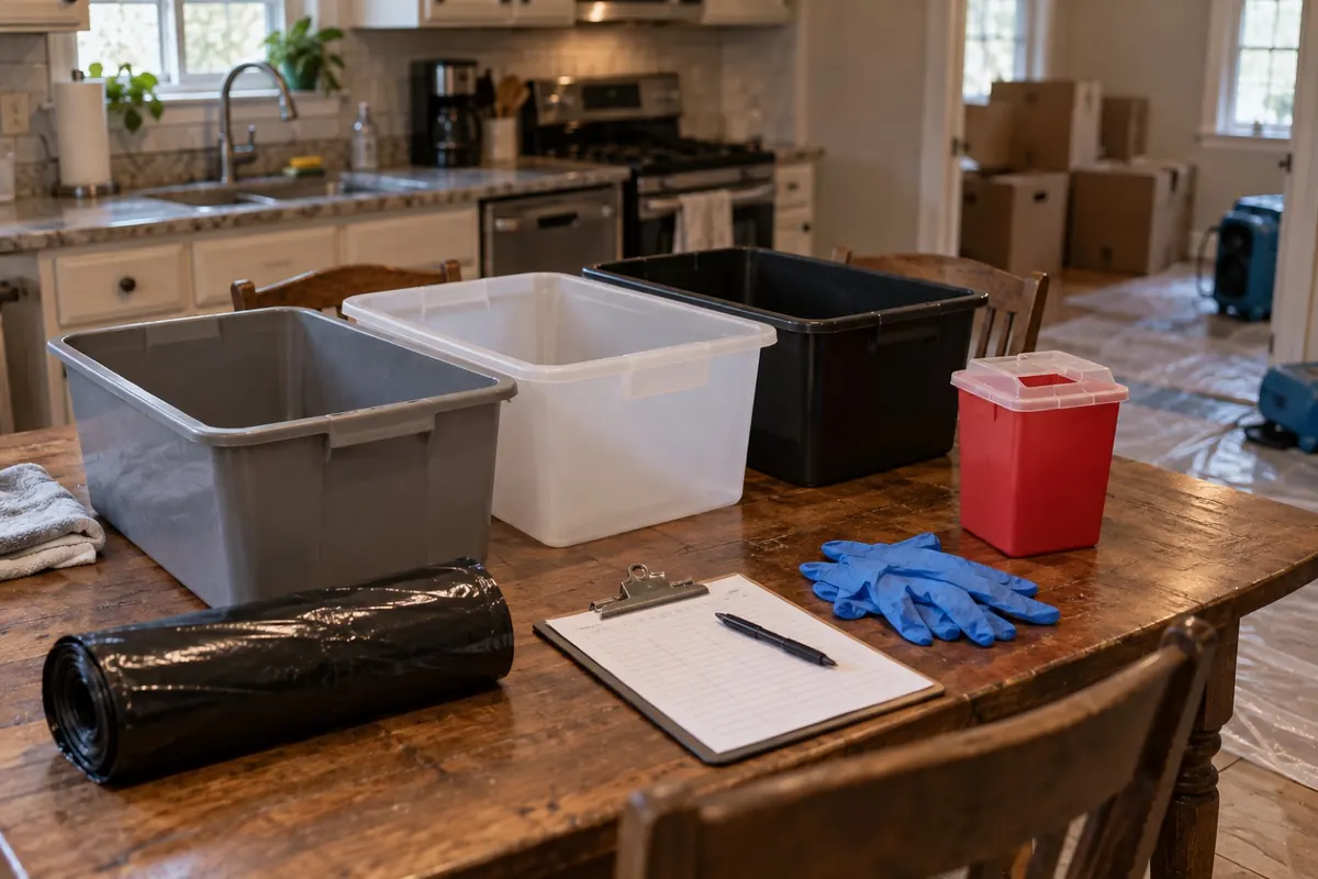 Illustration: a sorting table with bins, gloves and a sharps container, standing in for occupant-led sorting during hoarding cleanup
