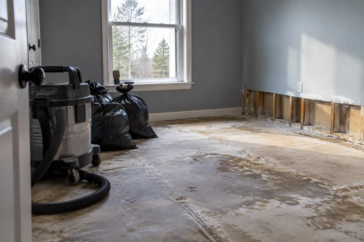 Illustration: an emptied room with sealed bags and a HEPA vacuum, standing in for the decontamination stage of a hoarding cleanup