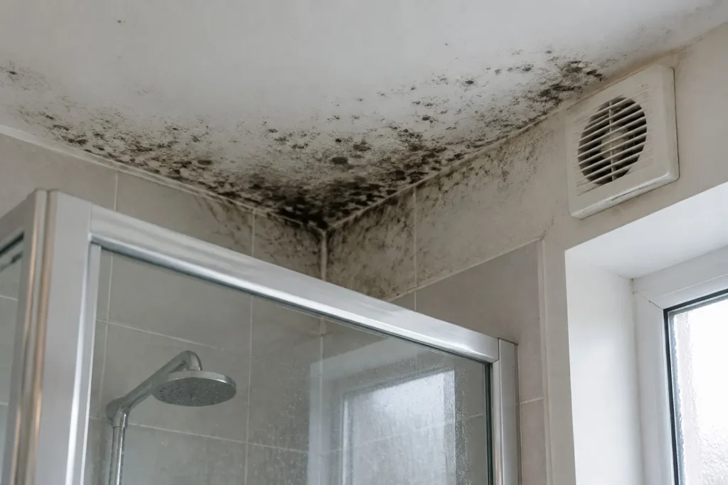 Illustration: mould spotting on a bathroom ceiling corner above a shower.