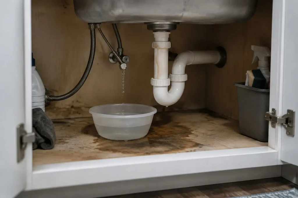 Illustration: a dripping supply line under a kitchen sink.