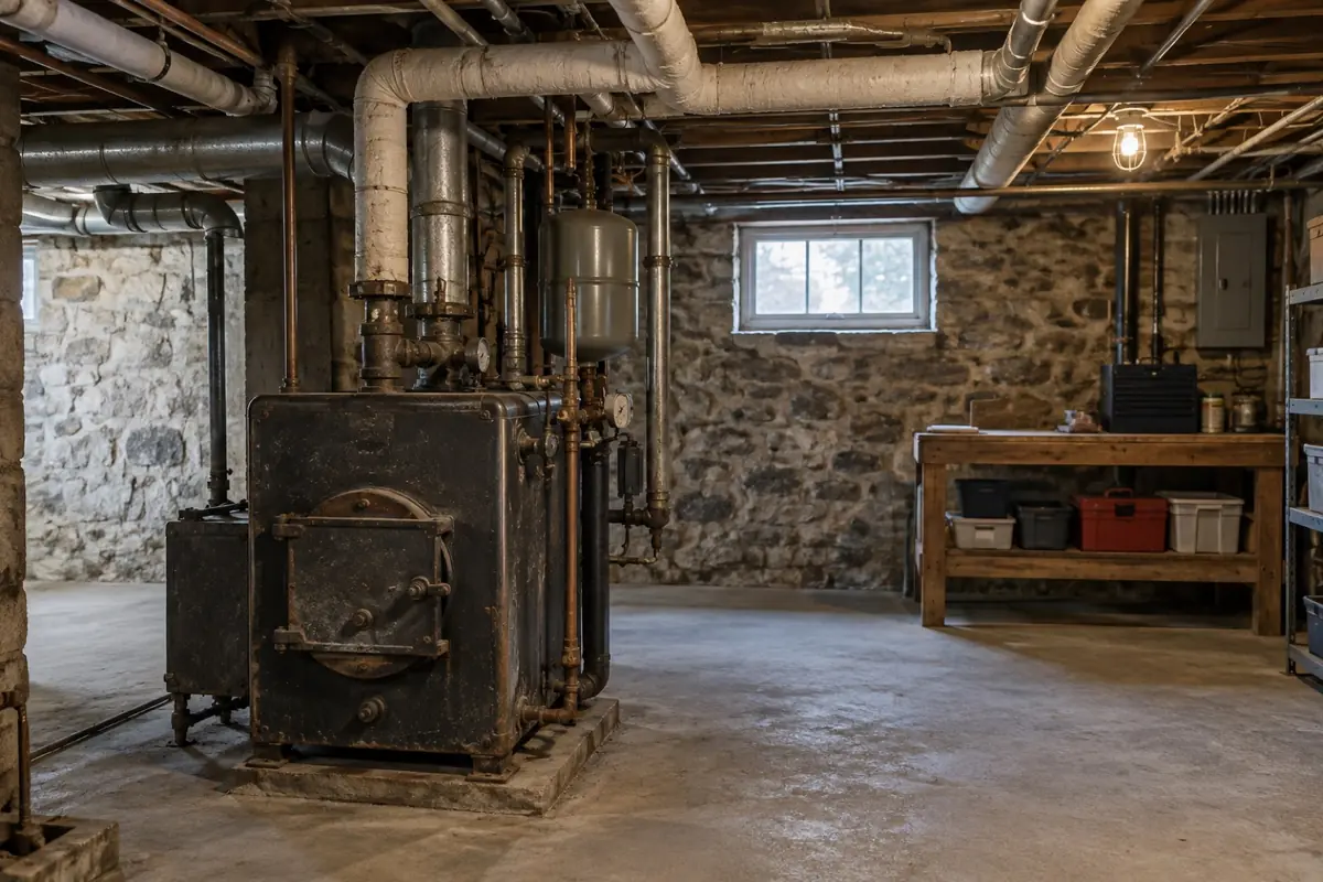 Illustration: an older basement utility area with a boiler and pipe runs, not a reference image of any material