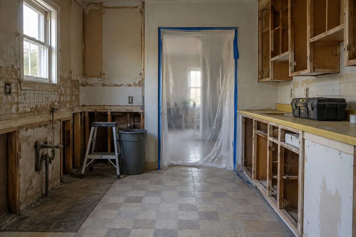 Illustration: a 1960s kitchen mid renovation with plastic sheeting over the doorway, not a reference image of any material