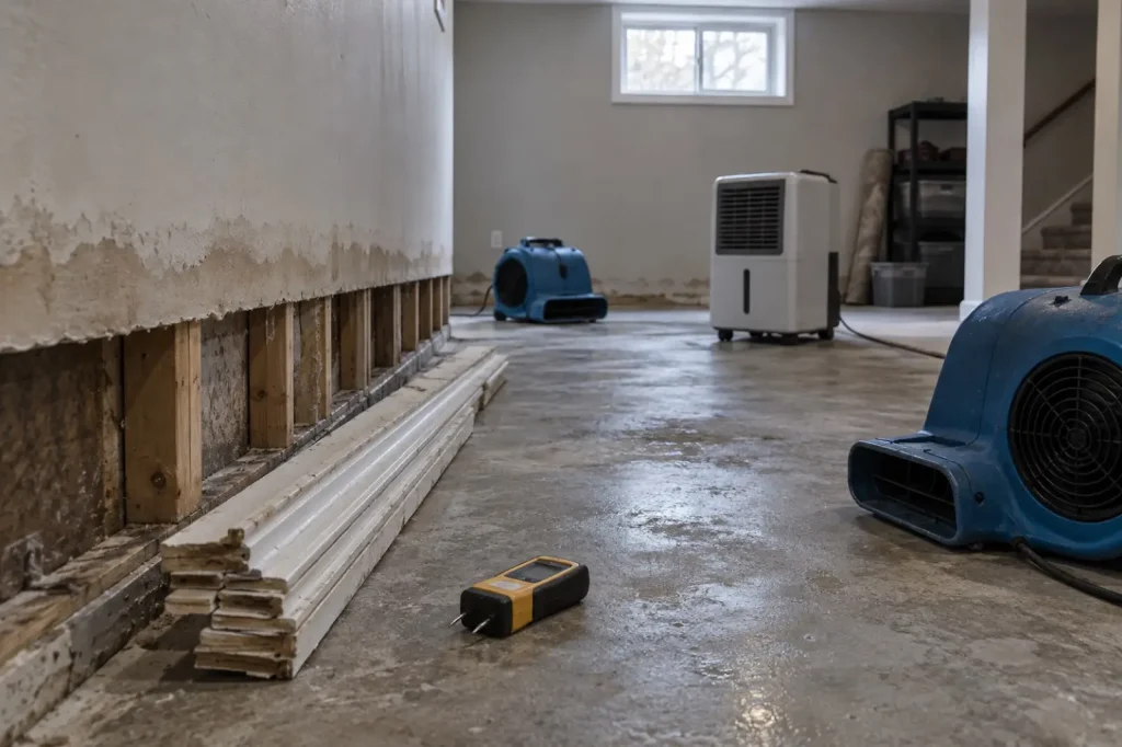 Illustration: a wet basement wall with drying equipment running beside a moisture meter on the slab