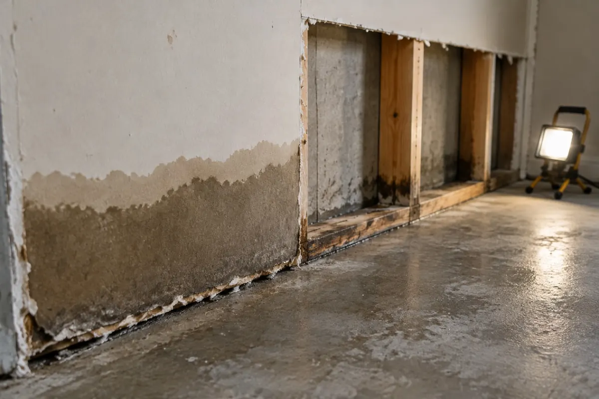 Illustration: a cut section of paper-faced gypsum board, wet at the bottom and dry at the top