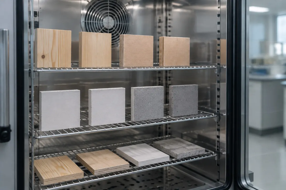 Illustration: building material test pieces on racks inside a humidity chamber
