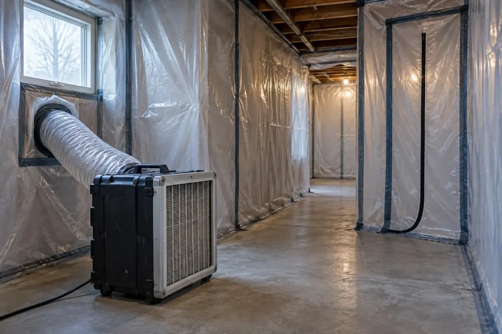 Illustration: a sealed plastic containment with a HEPA air scrubber in a basement hallway.