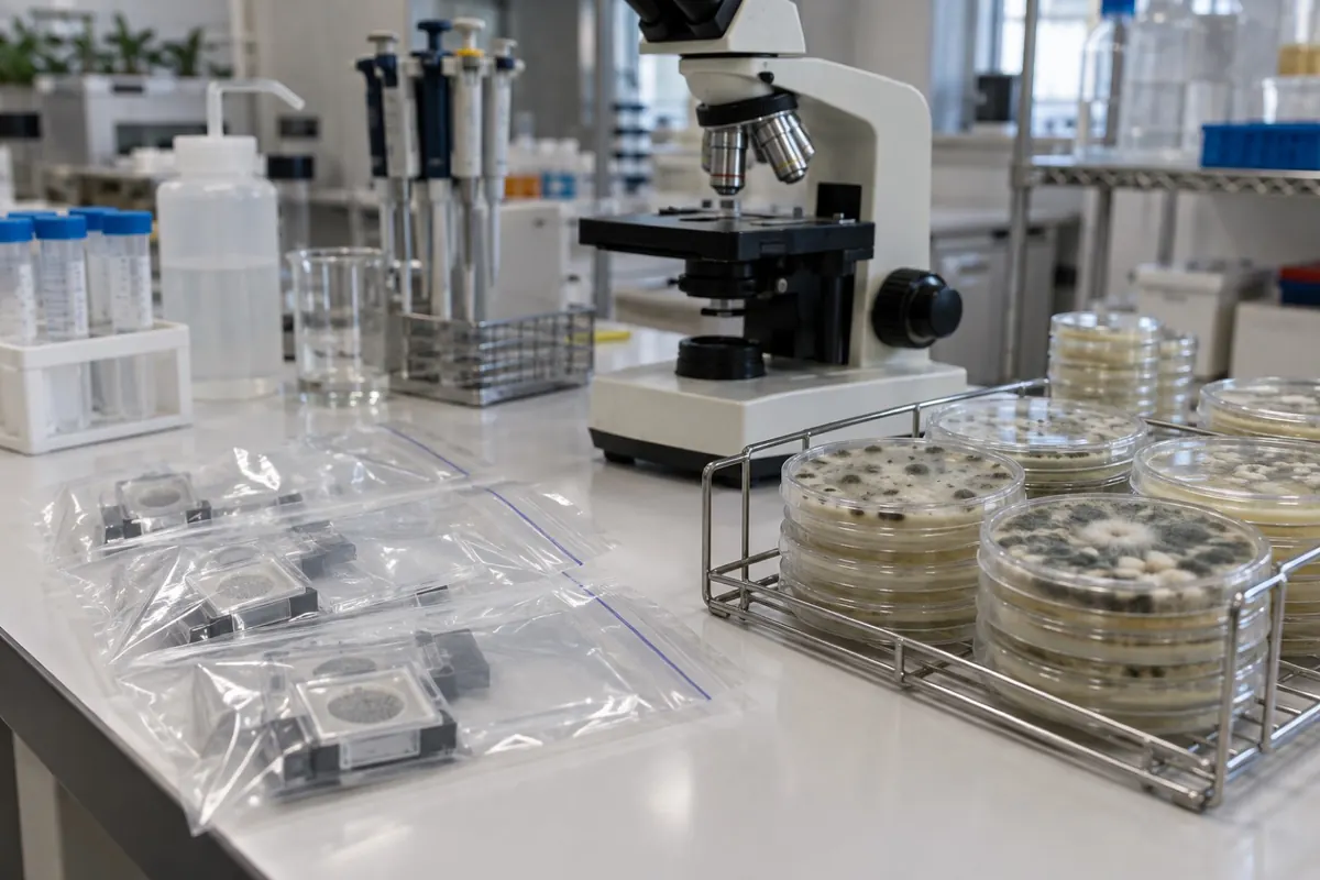 Illustration: air sample cassettes and culture plates on a laboratory bench.