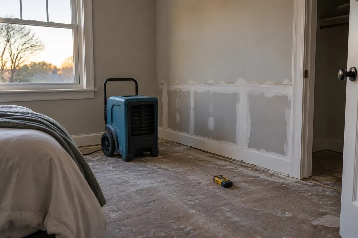 Illustration: new drywall drying beside a dehumidifier after mold removal.