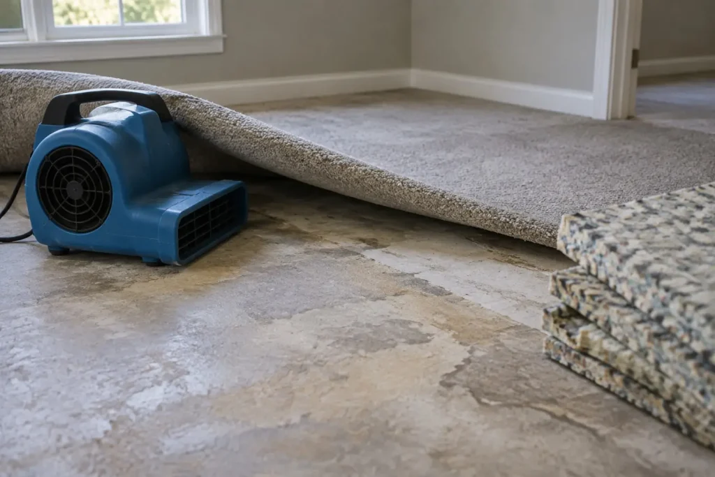 Illustration: carpet lifted at a corner with underlay removed and an air mover blowing beneath the raised edge.